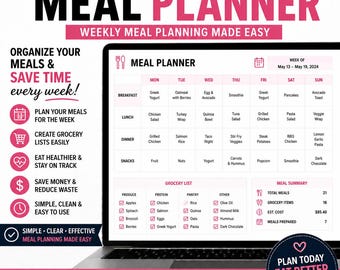 Weekly Meal Planner Dashboard | Grocery List Organizer | No Spreadsheet Needed (Digital Download)