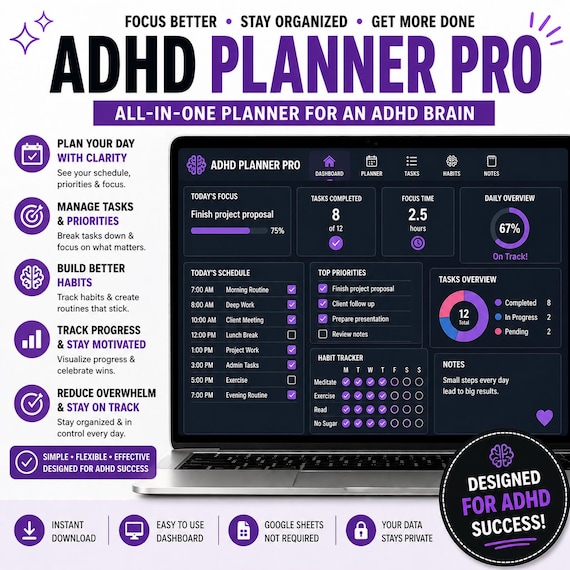 ADHD Planner for Adults | Digital Daily Planner with Focus Timer, Brain Dump, Now Next Later | Interactive Browser Tool, Instant Download
