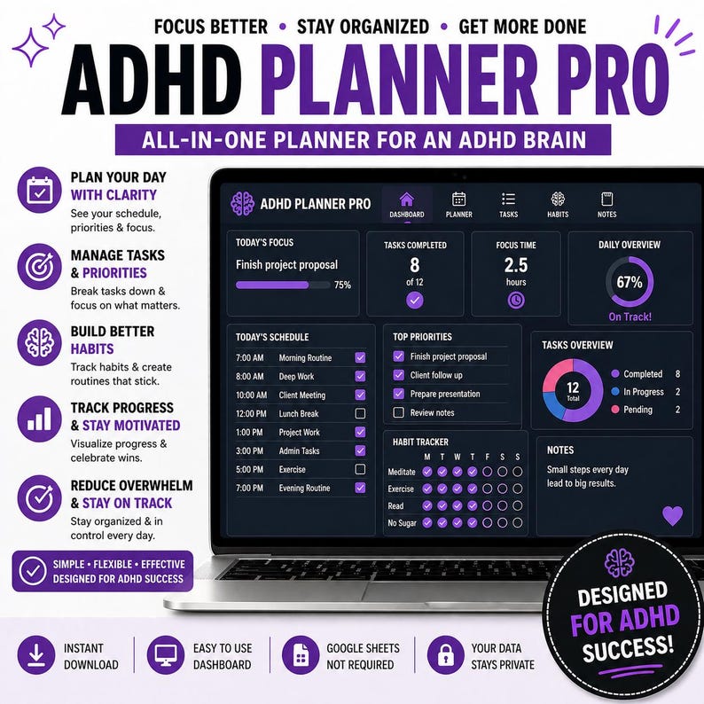 Puede incluir: Una pantalla de port&aacute;til que muestra la interfaz de ADHD Planner Pro. El planificador incluye secciones para el enfoque diario, tareas, horario y seguimiento de h&aacute;bitos. El dise&ntilde;o es morado y blanco, con el texto "Designed for ADHD Success!"