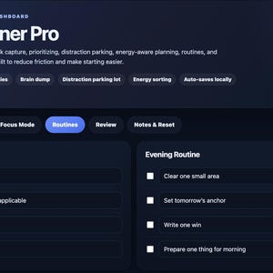 Puede incluir: Panel digital azul oscuro titulado "ADHD Planner Pro" con secciones para rutinas matutinas y vespertinas. La interfaz incluye opciones para el modo de enfoque, el volcado de cerebro y la clasificaci&oacute;n de energ&iacute;a, dise&ntilde;adas para la gesti&oacute;n de tareas.