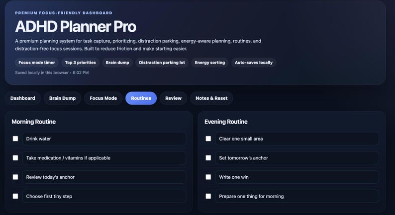 Puede incluir: Panel digital azul oscuro titulado "ADHD Planner Pro" con secciones para rutinas matutinas y vespertinas. La interfaz incluye opciones para el modo de enfoque, el volcado de cerebro y la clasificaci&oacute;n de energ&iacute;a, dise&ntilde;adas para la gesti&oacute;n de tareas.