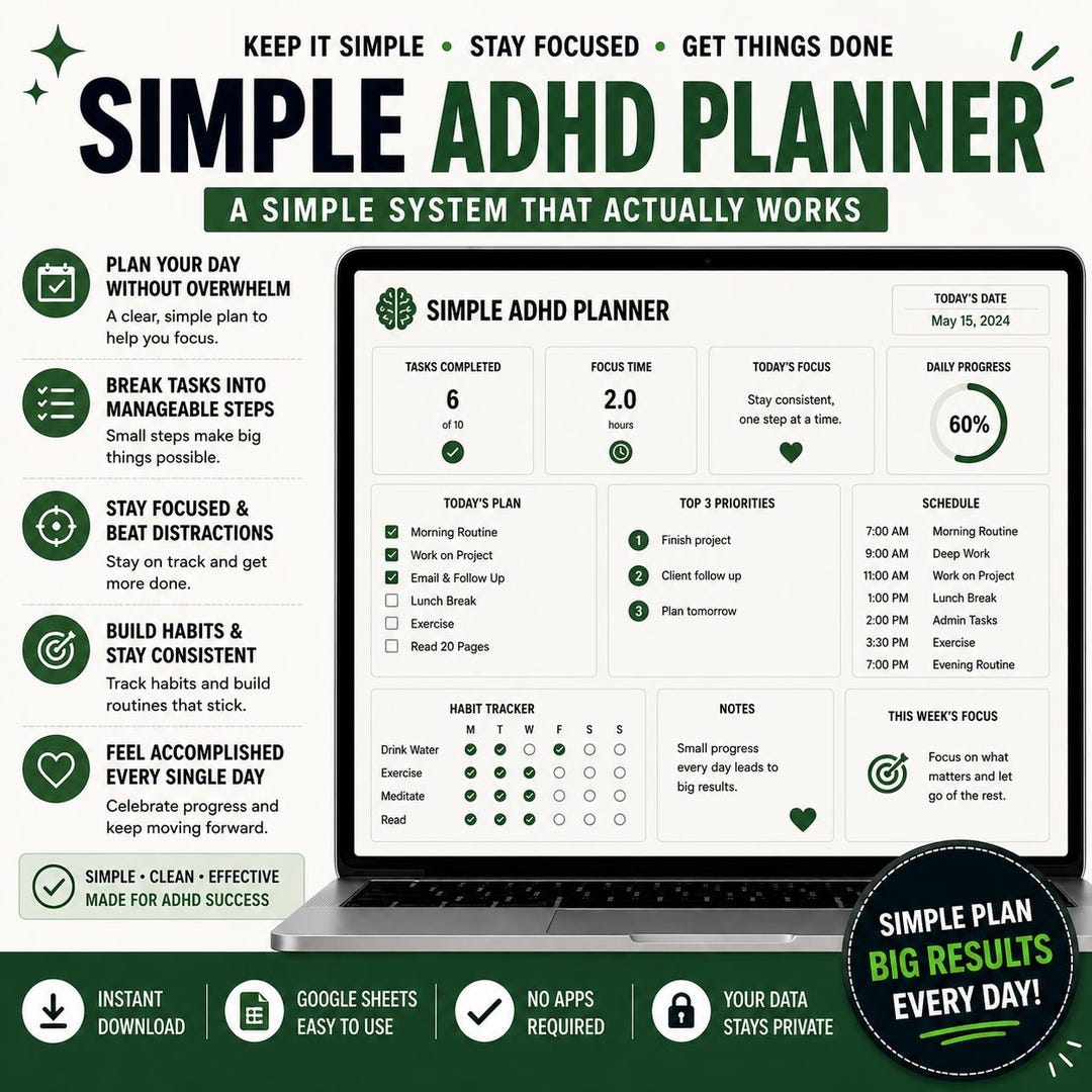 ADHD Planner | Focus Task Organizer, Brain Dump, Now Next Later ...
