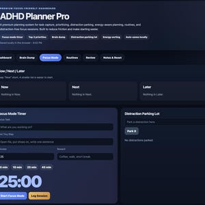 Puede incluir: Un panel digital azul oscuro para ADHD Planner Pro, con secciones para el modo de enfoque, rutinas y estacionamiento de distracciones. La interfaz incluye temporizadores, listas de tareas y un bot&oacute;n 'Log Session'.