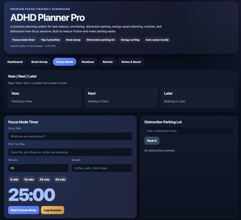 Puede incluir: Un panel digital azul oscuro para ADHD Planner Pro, con secciones para el modo de enfoque, rutinas y estacionamiento de distracciones. La interfaz incluye temporizadores, listas de tareas y un bot&oacute;n 'Log Session'.
