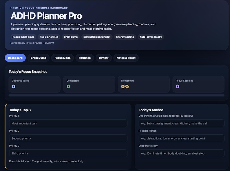 Puede incluir: Panel de control ADHD Planner Pro azul oscuro, un sistema de planificaci&oacute;n para la gesti&oacute;n de tareas y la concentraci&oacute;n. Incluye secciones para prioridades, sesiones de enfoque y una funci&oacute;n de 'brain dump'.
