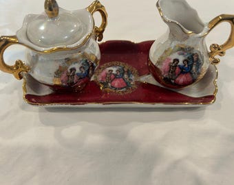 Vintage iriserende glanskan suikerpot dienblad set — vrijgezellenpaar romantisch bordeauxrood goudporselein