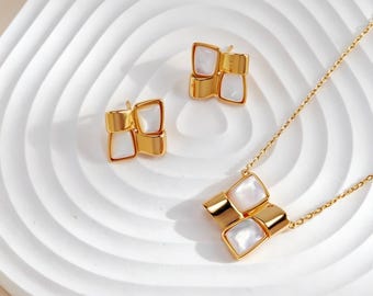 18K Gold Plated Sterling Silver Geometric Mother of Pearl Jewelry Set
