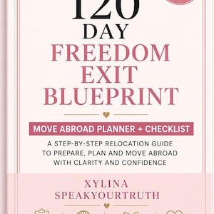 Puede incluir: Una guía PDF digital titulada "120 Day Freedom Exit Blueprint" con un diseño rosa y blanco. La portada incluye texto sobre la planificación de la reubicación, una lista de verificación y una guía paso a paso. También presenta iconos y el texto "Descarga instantánea de la guía PDF."