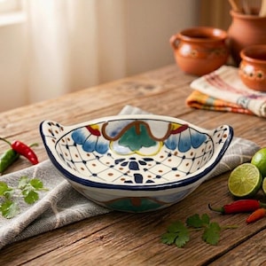 May include: A ceramic bowl with two handles featuring a hand-painted pattern of blue flowers, green leaves, and a dark blue grid design on a cream background. The bowl is surrounded by fresh green cilantro, red chili peppers, and sliced limes.