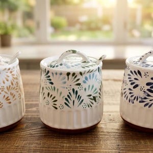 Puede incluir: Tres tarros de cerámica blanca con tapas y cucharas, cada uno con un patrón floral pintado a mano en marrón, verde o azul. Los recipientes cilíndricos tienen una textura acanalada en la base y un acabado liso en la parte superior.