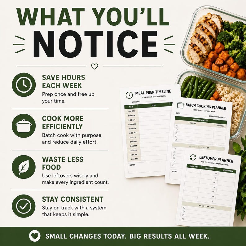 Puede incluir: Una imagen con el texto "WHAT YOU'LL NOTICE" y gr&aacute;ficos sobre la planificaci&oacute;n de comidas. La imagen incluye recipientes de preparaci&oacute;n de comidas con alimentos cocinados y hojas de planificaci&oacute;n de comidas. El texto en las hojas incluye "MEAL PREP TIMELINE" y "BATCH COOKING PLANNER".
