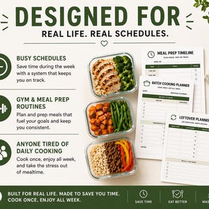 Puede incluir: Una imagen que promueve la planificaci&oacute;n de comidas, con el texto "Dise&ntilde;ado para la vida real. Horarios reales". Incluye recipientes de preparaci&oacute;n de comidas con pollo y verduras, hojas de planificaci&oacute;n de comidas y un bol&iacute;grafo. La imagen enfatiza ahorrar tiempo y comer mejor.