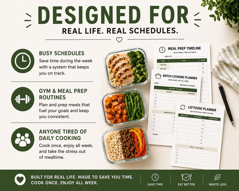 Puede incluir: Una imagen que promueve la planificaci&oacute;n de comidas, con el texto "Dise&ntilde;ado para la vida real. Horarios reales". Incluye recipientes de preparaci&oacute;n de comidas con pollo y verduras, hojas de planificaci&oacute;n de comidas y un bol&iacute;grafo. La imagen enfatiza ahorrar tiempo y comer mejor.