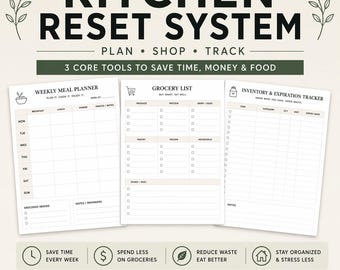 Planificador de reorganización de cocina / Planificador de comidas, lista de la compra, control de inventario / Organizador de cocina minimalista imprimible