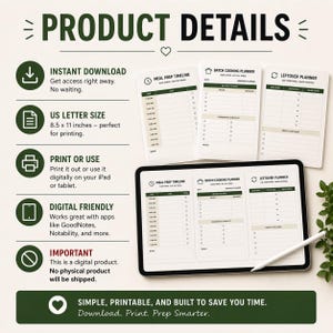Puede incluir: Detalles del producto de planificaci&oacute;n de comidas digital. Incluye una l&iacute;nea de tiempo de preparaci&oacute;n de comidas, un planificador de cocina por lotes y un planificador de sobras. El producto es de tama&ntilde;o carta estadounidense (21,6 x 27,9 cm) y es digital.