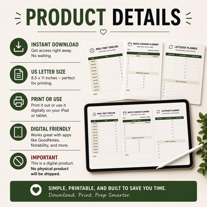 Puede incluir: Detalles del producto de planificaci&oacute;n de comidas digital. Incluye una l&iacute;nea de tiempo de preparaci&oacute;n de comidas, un planificador de cocina por lotes y un planificador de sobras. El producto es de tama&ntilde;o carta estadounidense (21,6 x 27,9 cm) y es digital.