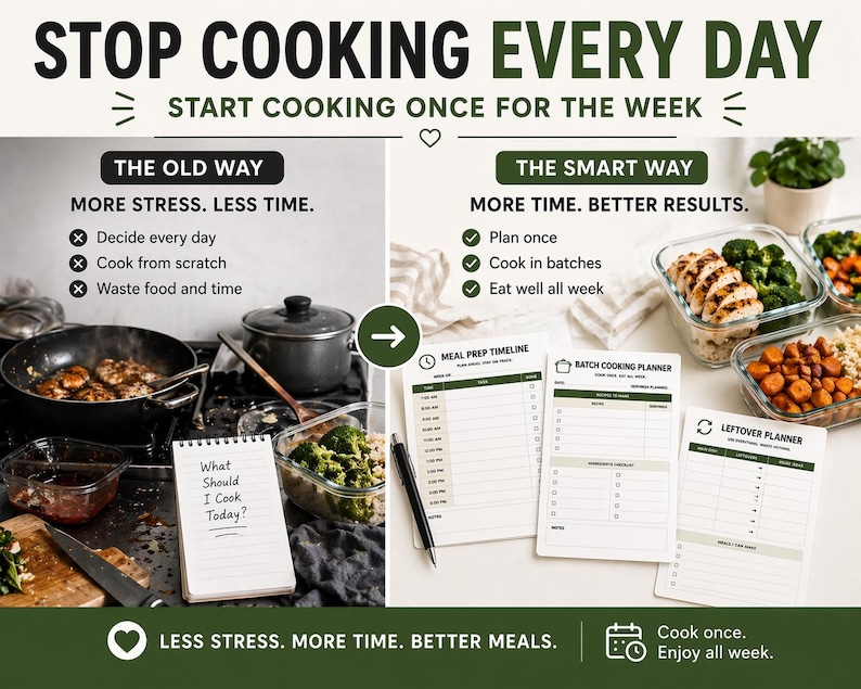 Puede incluir: Una imagen que promueve la preparaci&oacute;n de comidas. El texto dice: "Deja de cocinar todos los d&iacute;as, empieza a cocinar una vez a la semana". Contrasta "La forma antigua" con "La forma inteligente", mostrando recipientes de preparaci&oacute;n de comidas, un bloc de notas y un planificador de cocina por lotes.