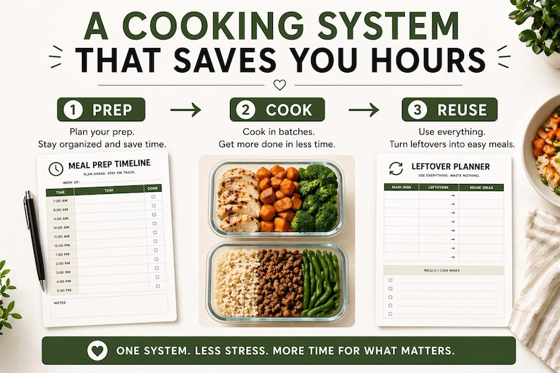 Puede incluir: Una infograf&iacute;a que promueve un sistema de cocina. La imagen muestra un calendario de preparaci&oacute;n de comidas, recipientes con alimentos cocinados y un planificador de sobras. El texto dice "Un sistema de cocina que te ahorra horas" y "Un sistema. Menos estr&eacute;s. M&aacute;s tiempo para lo que importa."