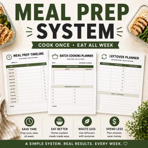 Könnte beinhalten: Ein Meal-Prep-System mit dem Text "MEAL PREP SYSTEM COOK ONCE • EAT ALL WEEK". Enthält einen Essensplan, einen Kochplan für Chargen und einen Restplaner. Am unteren Rand des Bildes steht "A SIMPLE SYSTEM. REAL RESULTS. EVERY WEEK."