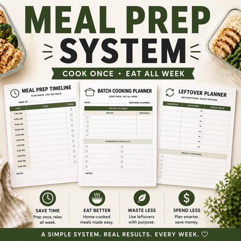 Puede incluir: Un sistema de preparaci&oacute;n de comidas con el texto "MEAL PREP SYSTEM COOK ONCE &bull; EAT ALL WEEK". Incluye un calendario de preparaci&oacute;n de comidas, un planificador de cocina por lotes y un planificador de sobras.