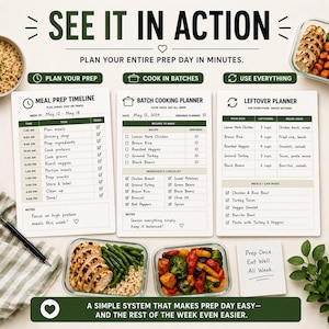 Puede incluir: Una imagen que promueve la preparaci&oacute;n de comidas, con el texto "See It In Action". Muestra un cronograma de preparaci&oacute;n de comidas, un planificador de cocina por lotes y un planificador de sobras. Las comidas preparadas son visibles en recipientes transparentes.