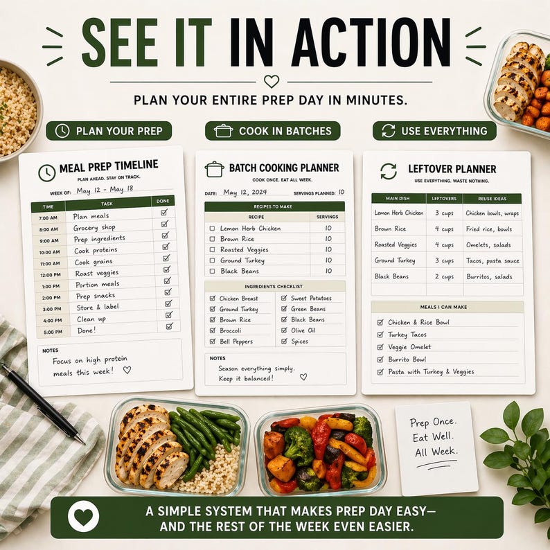 Puede incluir: Una imagen que promueve la preparaci&oacute;n de comidas, con el texto "See It In Action". Muestra un cronograma de preparaci&oacute;n de comidas, un planificador de cocina por lotes y un planificador de sobras. Las comidas preparadas son visibles en recipientes transparentes.