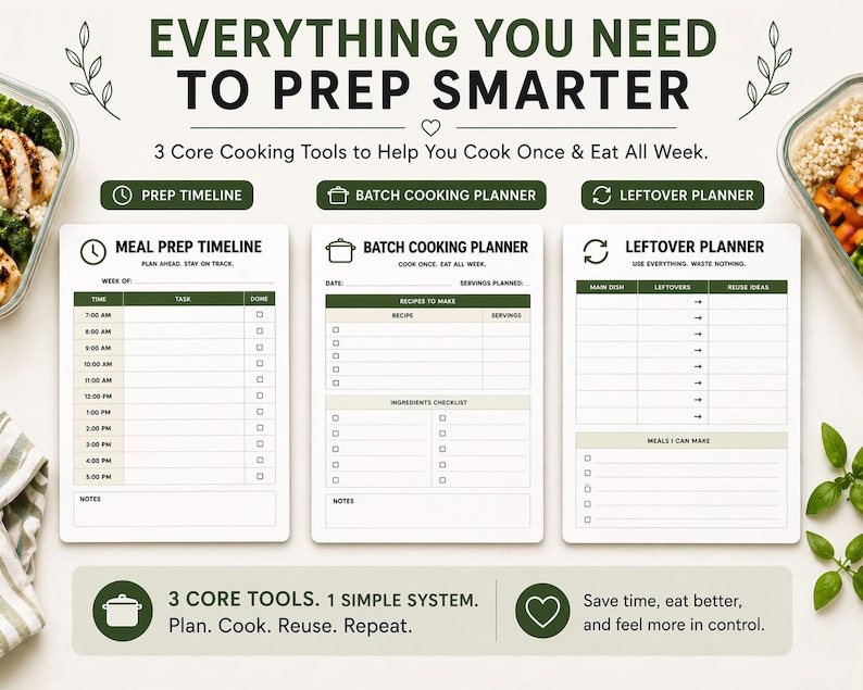 Puede incluir: Un planificador de preparaci&oacute;n de comidas blanco con el texto "Everything You Need to Prep Smarter". El planificador incluye secciones para una l&iacute;nea de tiempo de preparaci&oacute;n, cocina por lotes y planificaci&oacute;n de sobras.