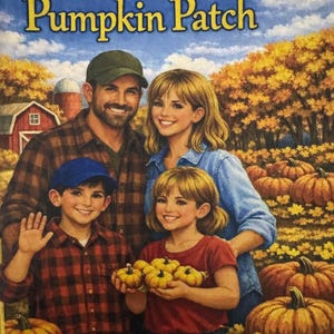 Pode incluir: Ilustração de uma família num campo de abóboras. A imagem apresenta uma família de quatro, abóboras e o texto "Our Day at the Pumpkin Patch" e o nome do autor. A família sorri e parece estar a desfrutar de um dia no campo de abóboras.