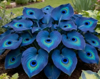 Op de afbeelding: Een close-up van een pauwenhostaplant met levendige blauwe bladeren. Elk hartvormig blad heeft een patroon van concentrische cirkels in blauw-, groen- en zwarttinten, die het oog van een pauw nabootsen. De plant staat in een tuin.