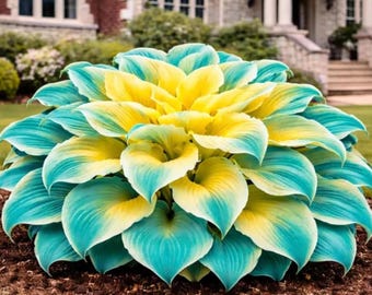 Op de afbeelding: Een dichte, ronde hostaplant met brede, hartvormige bladeren met een opvallend kleurpatroon. Het blad heeft een felgeel centrum dat overgaat in een heldere turquoise blauwgroene rand, wat zorgt voor een gelaagd en symmetrisch uiterlijk.