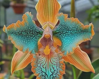 Op de afbeelding: Een close-up van een levendige orchidee. De bloembladen tonen een opvallende combinatie van oranje en blauwgroen, met ingewikkelde patronen en texturen. Het midden van de bloem heeft een geel en bruin ontwerp, wat een visueel aantrekkelijk botanisch beeld creëert.