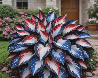 Op de afbeelding: Een levendige hostaplant met grote, hartvormige bladeren. De bladeren zijn beschilderd met een patriottisch ontwerp met rode, witte en blauwe kleuren, inclusief sterren. De plant staat in een tuin met andere planten en een huis op de achtergrond.