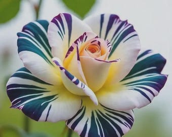 Op de afbeelding: Een enkele rozenbloem met crèmewitte bloemblaadjes met opvallende, donkerblauwgroene en paarse streeppatronen die vanuit de randen naar het midden uitstralen. De binnenste bloemblaadjes hebben een zachte gele tint en een groene steel.