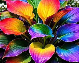 Op de afbeelding: Een levendige plant met brede, hartvormige bladeren die een spectrum aan kleuren vertonen, waaronder rood, oranje, geel, groen, blauw en paars. Het blad heeft een verloop waarbij de kleuren naadloos in elkaar overvloeien over elk blad.
