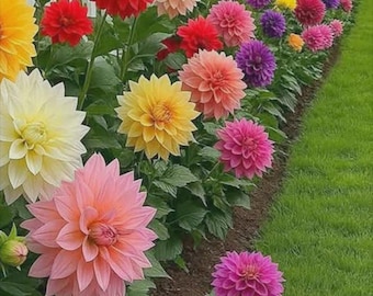 Op de afbeelding: Een levendige tuinborder met een dichte rij veelkleurige dahlia's in tinten rood, geel, roze, oranje en paars. De bloemen staan in een rij geplant langs een wit lattenhek, met groen blad en een gazon aan de zijkant van het bloembed.