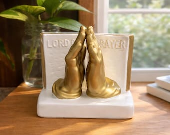 Vintage Praying Hands Planter Napkin Holder: Lord's Prayer Gold Accent Ceramic.