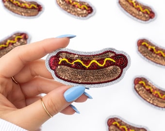 Sequin Hotdog Iron On Patch, Pet Accessory, DIY Appliques (2" H x 3" W)