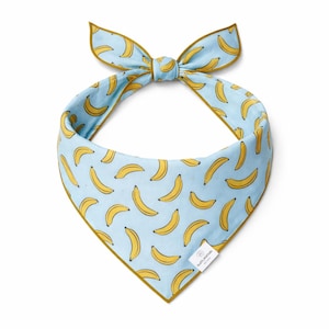 May include: A light blue pet bandana with a repeating pattern of yellow bananas. The bandana has a brown trim and a bow at the top. A small white tag with text is visible on the bottom right corner.