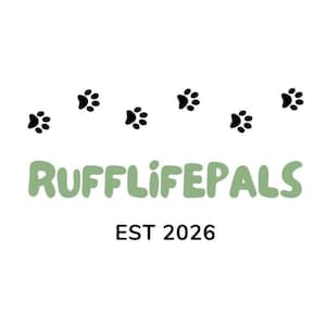 May include: A white background featuring black paw prints and the green text "RUFFLIFE PALS". Below, in black, is "EST 2026". The design is clean and suitable for pet-themed items.