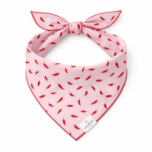 May include: Pink dog bandana with a red chili pepper pattern and red trim. The bandana is tied in a bow at the top. A white tag with black text is sewn on the bottom corner.