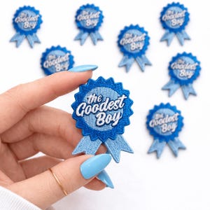 May include: Blue embroidered patches with the text "the Goodest Boy" in white. The patches are shaped like award ribbons with a scalloped edge and a ribbon tail. Several patches are scattered on a white surface.