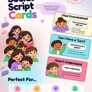 Puede incluir: Un conjunto de 20 tarjetas de guiones sociales imprimibles con ilustraciones de niños y textos para situaciones sociales. Las tarjetas incluyen frases como I Feel Overwhelmed, Can I Have a Turn y I Don't Understand para apoyar la comunicación.