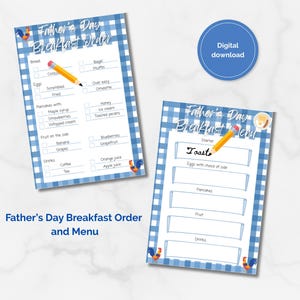 May include: Two printable Father's Day breakfast sheets with a blue and white gingham border and rooster illustrations. One sheet is a breakfast order form with checkboxes, and the other is a breakfast menu with blank lines for writing.