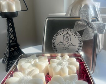 Juego de velas florales de jazmín / Velas de cera de soja hechas a mano / Caja de regalo de lujo marroquí / Fragancia para el hogar