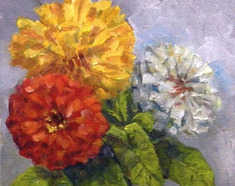 Zinnias II - original floral still life oil painting