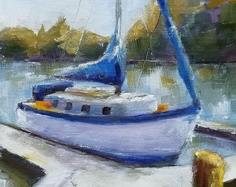 Boat With A Blue Sail - original oil painting FREE SHIPPING