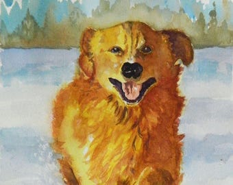 Fun In The Snow - Golden Retriever Watercolor Art Print