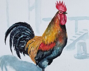 Mr. Browne's Rooster - watercolor high quality photo print.