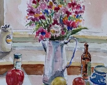 Flowers and Fruit watercolor painting