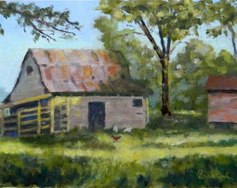 Chickens at the Barn - original oil painting 9" x 12"